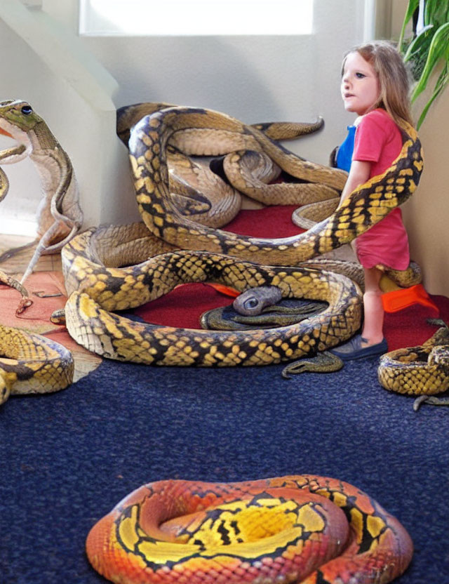 Young girl surrounded by realistic snake sculptures indoors