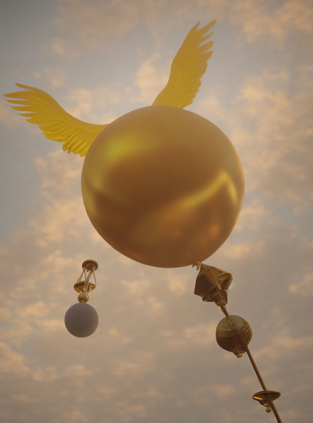 Golden snitch with wings and scepter against cloudy sky