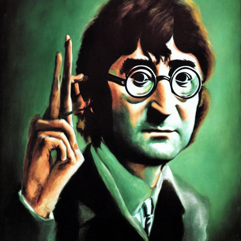 Vibrant painting of man with round glasses making peace sign
