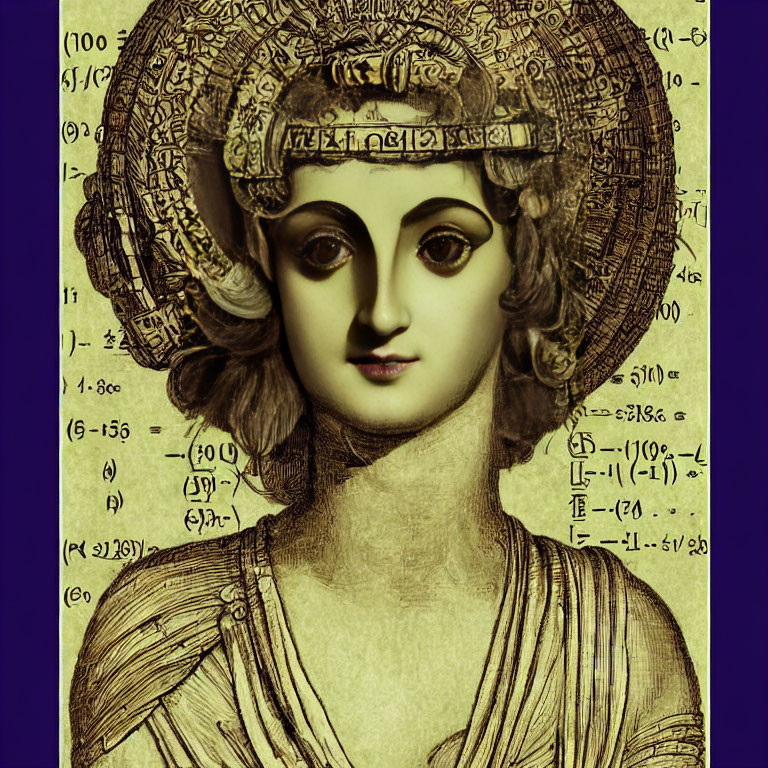 Ancient female bust with mathematical equations on textured yellow background