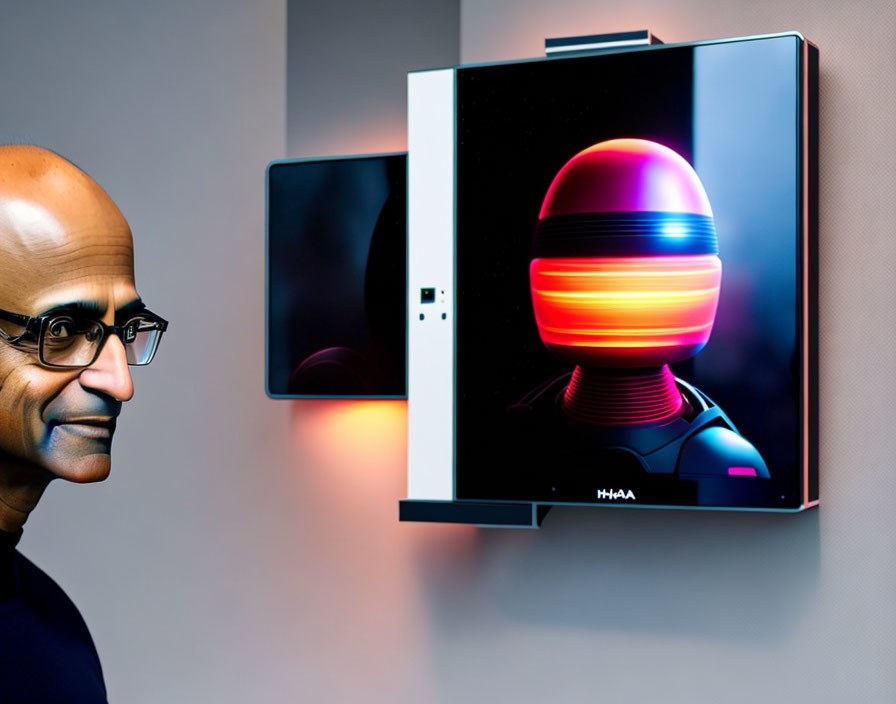 Man with glasses viewing colorful graphic art on wall-mounted screen