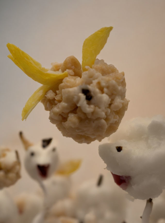 Whimsical popcorn sculpture of a jumping sheep with corn husk ears & tail