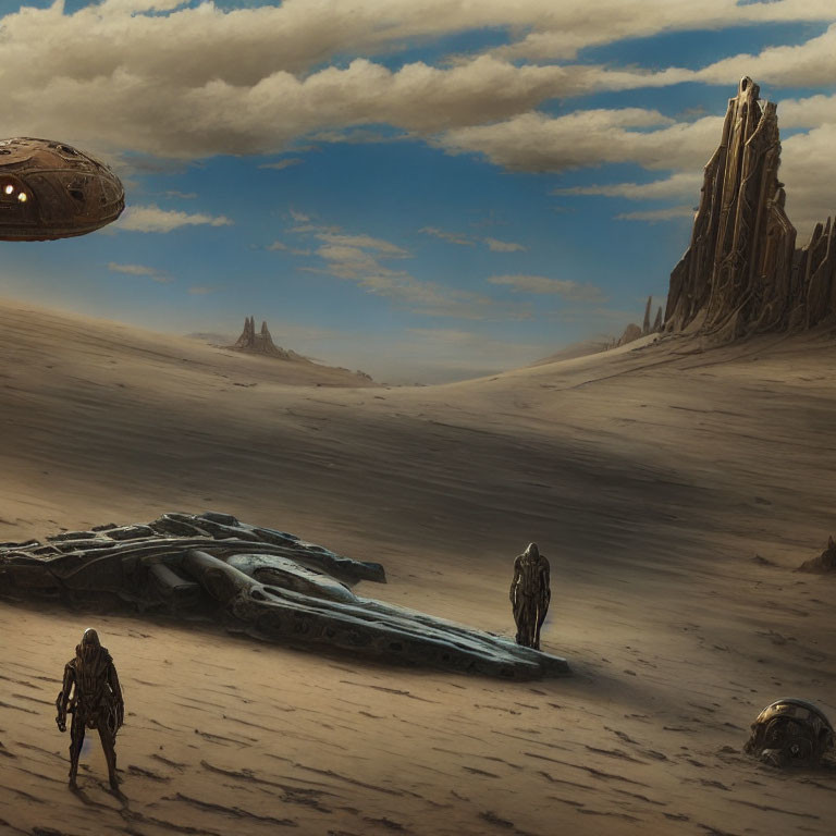 Desolate desert landscape with crashed spaceship and figures
