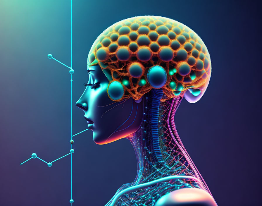 Profile View Digital Artwork: Humanoid Figure with Geometric Brain