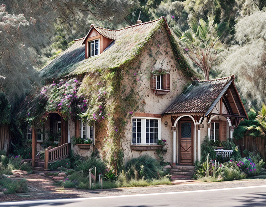 Quaint Cottage with Ivy, Flowers, Shingled Roof, and Arched Door