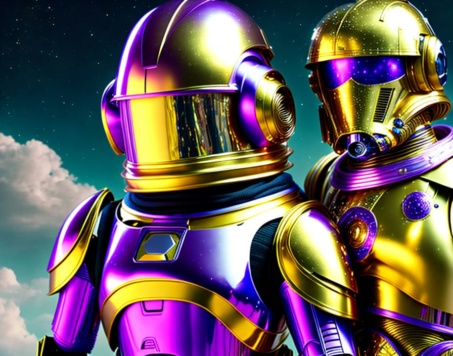 Shiny purple and gold futuristic robots on space-themed backdrop