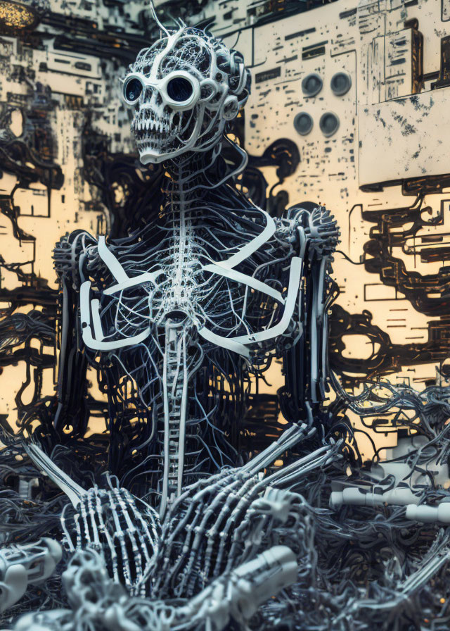 Intricate skeletal figure against cybernetic backdrop
