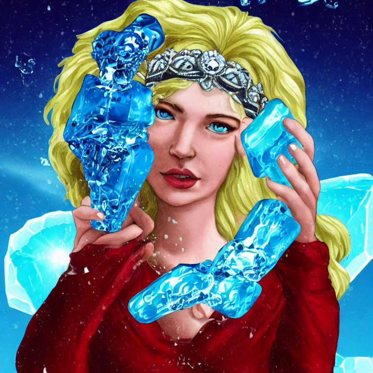 Blonde Woman with Blue Crystals in Icy Setting