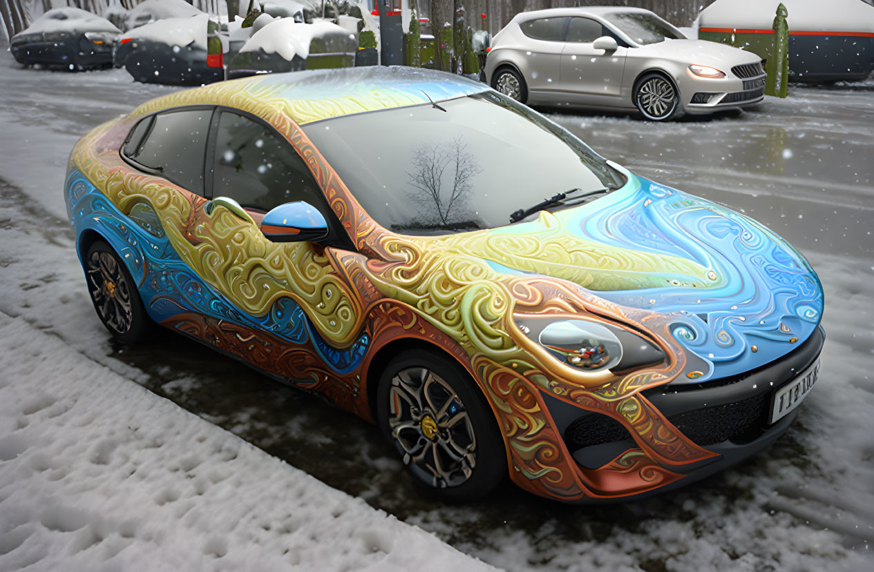 Colorful Patterned Car Parked on Snowy Street with Cars and Trees