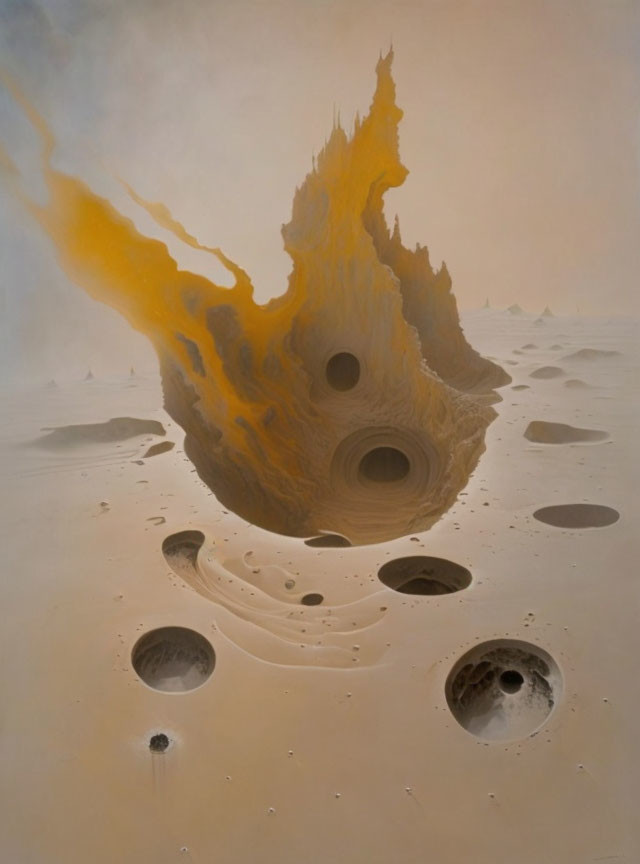 Surreal desert painting with fire-like structure and vortexes