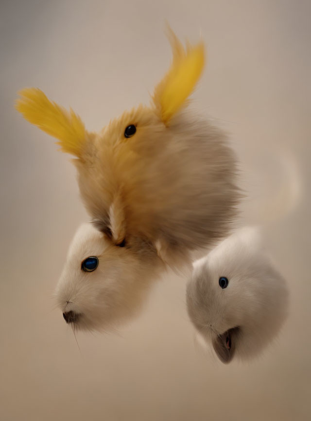 Surreal digital art: Three fused rabbits on soft brown background