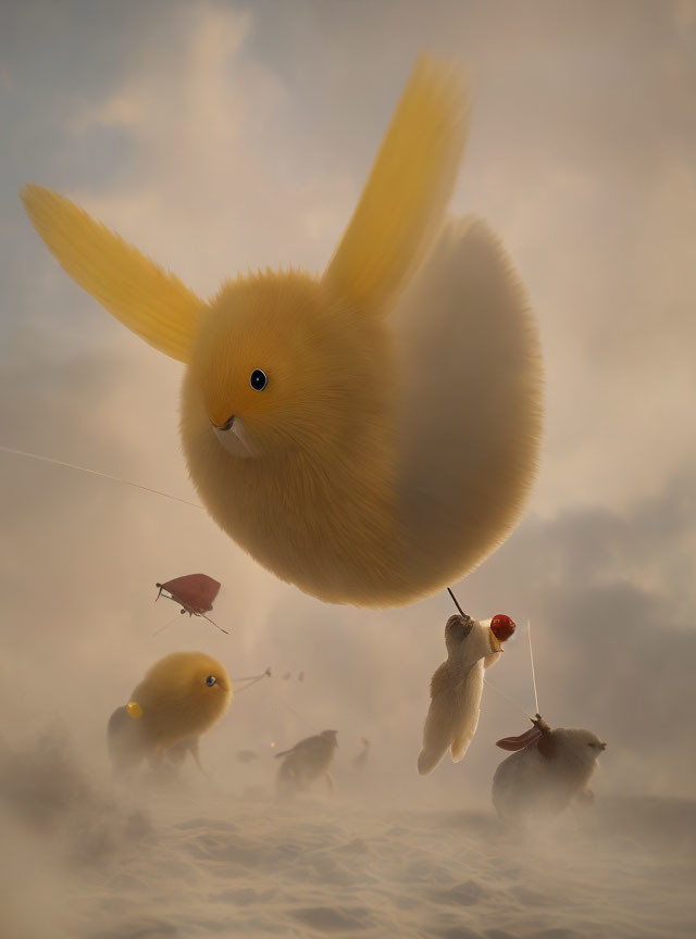 Giant fluffy yellow creature with bunny ears floating over foggy landscape