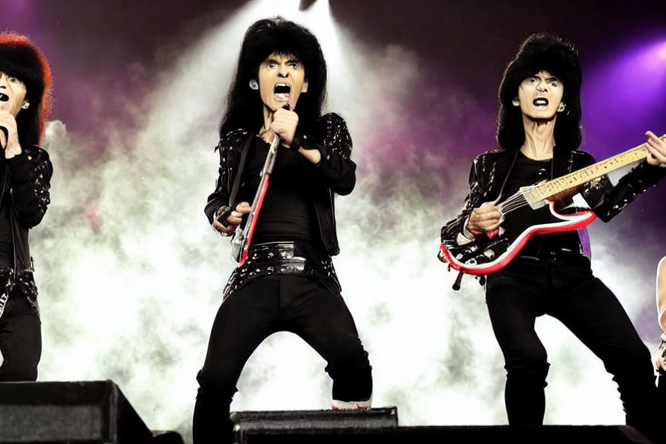 Three Performers in Black Spiky Hair and Leather Outfits on Stage with Microphones and Guitar