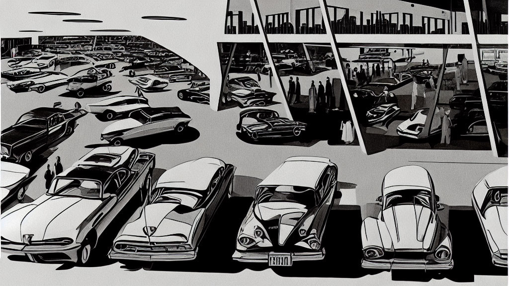 Vintage Car Parking Lot Illustration with Classic Cars and People