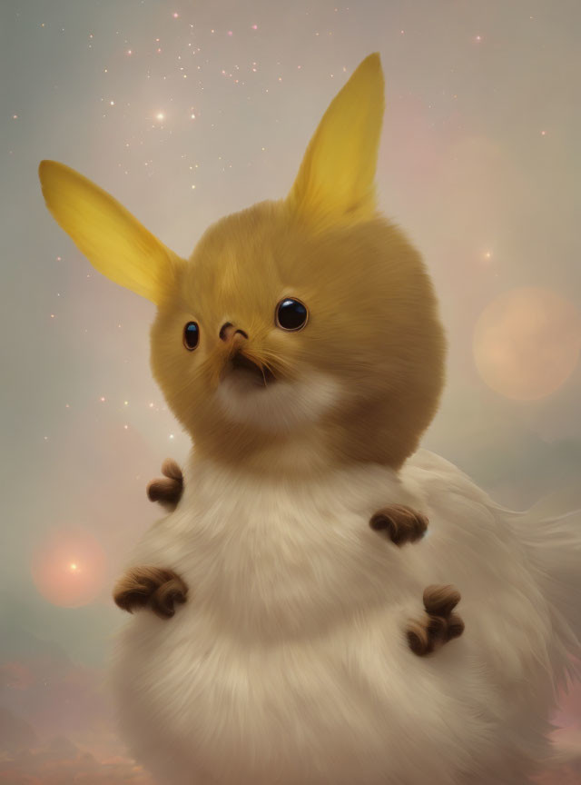 Fluffy white duckling body with Pikachu head under starry sky