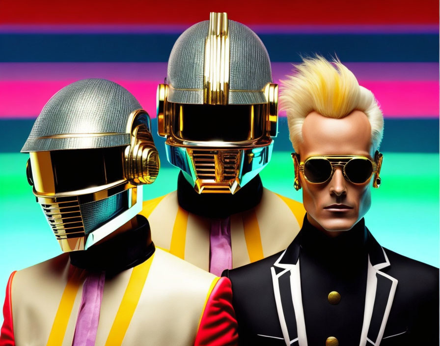 Three individuals in futuristic helmets and stylish suits on colorful striped background