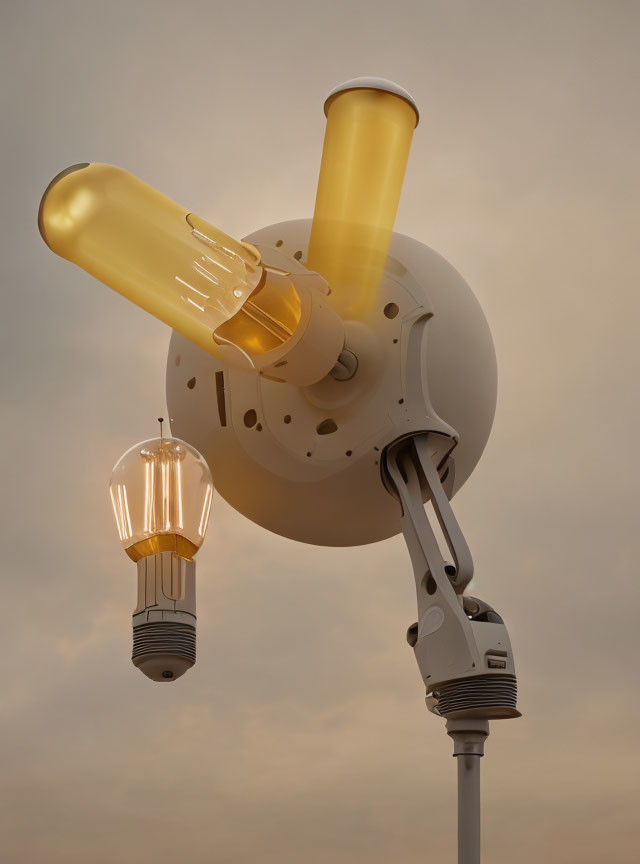 Futuristic illuminated light bulbs on mechanical arms under cloudy sky