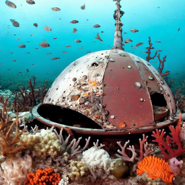 Sunken vintage diving bell in coral reef with small fish
