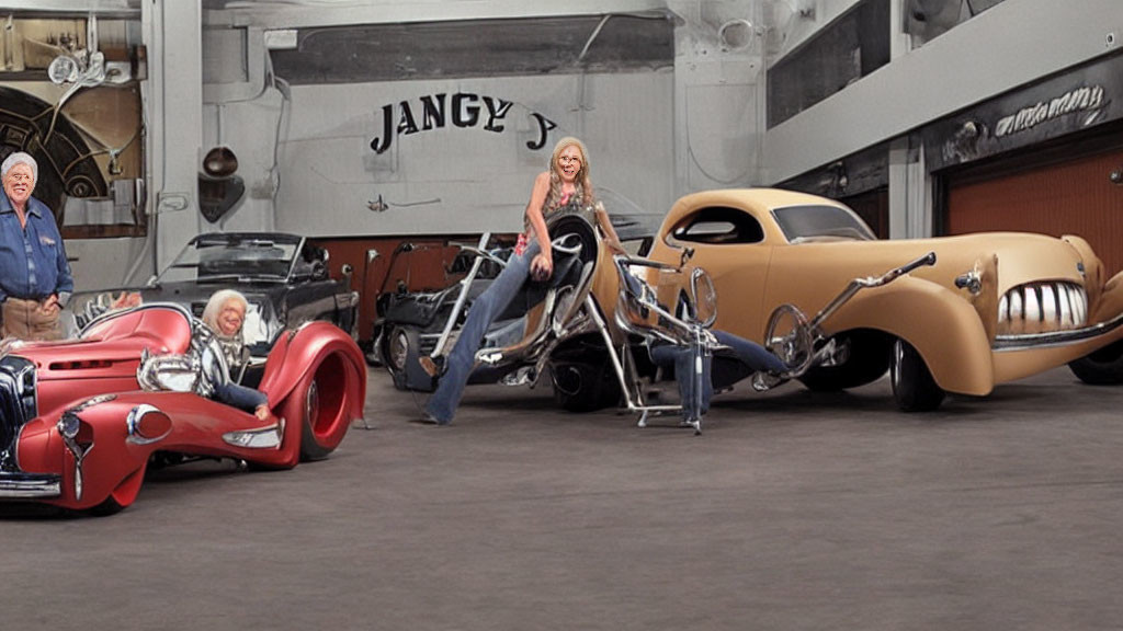Custom motorcycles and hot rods in garage with "JANGY" sign