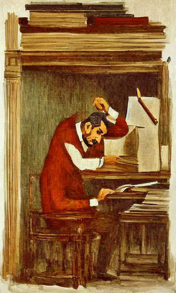Vintage Illustration: Man in Red Robe Writing at Cluttered Desk