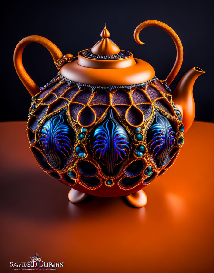 Colorful digital artwork: Decorative teapot with fantasy design, orange and blue patterns, gemstone