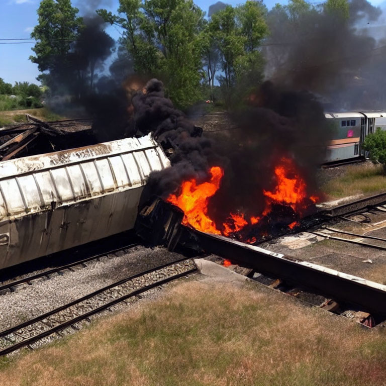 Train derailment with black smoke and orange flames engulfing overturned cars.