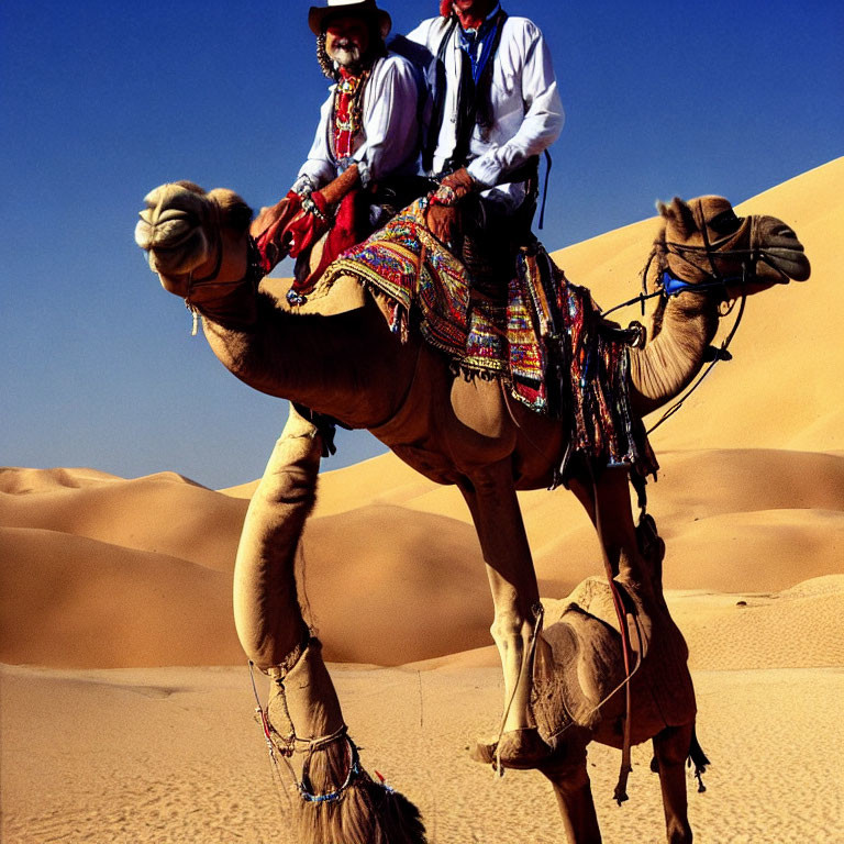 Traditional attired individuals on camel crossing desert dunes.