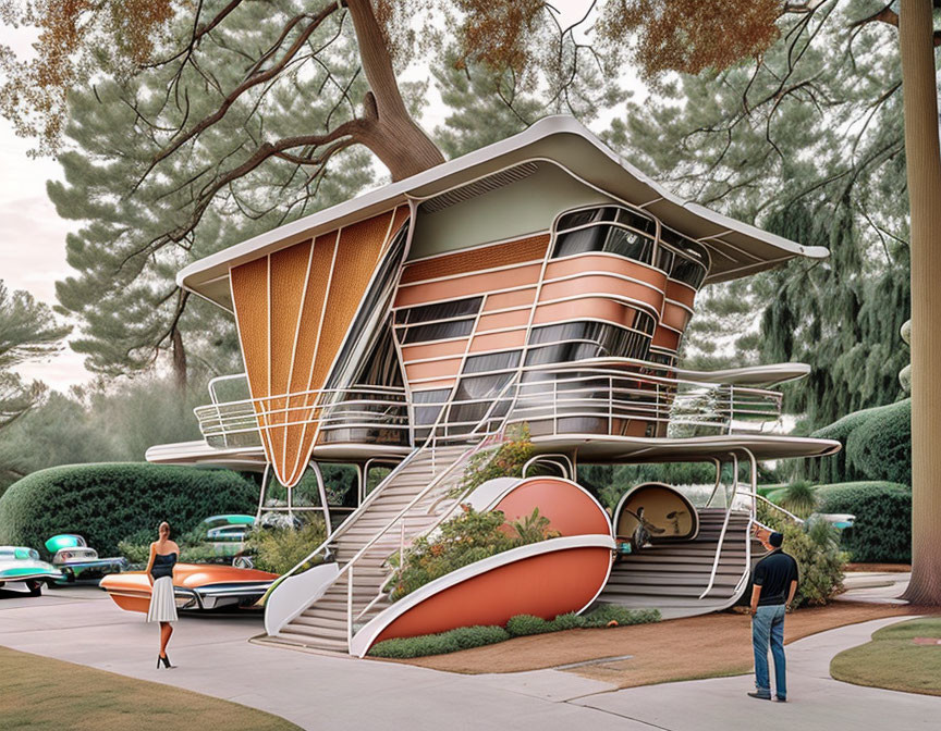Curved multi-story building with spiral stairs, vintage cars, and serene park scene