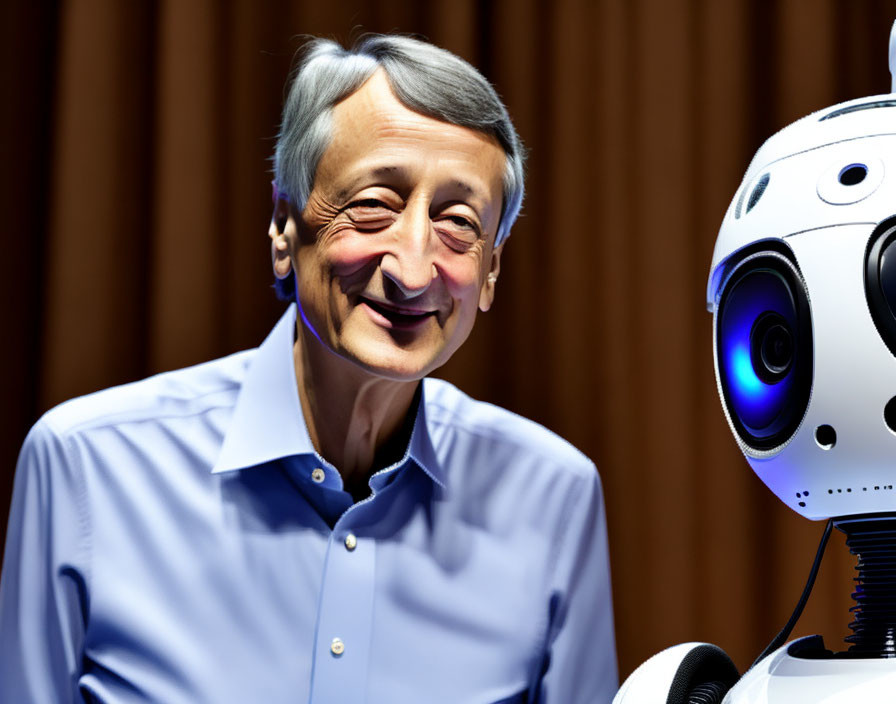 Elderly man interacting with white robot with expressive eyes