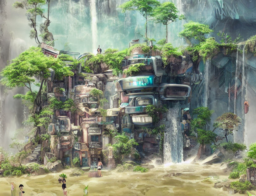 Fantastical jungle scene with treehouse city, waterfalls, and explorers