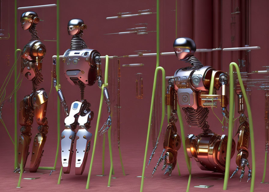 Futuristic humanoid robots in room with red hues and green cables