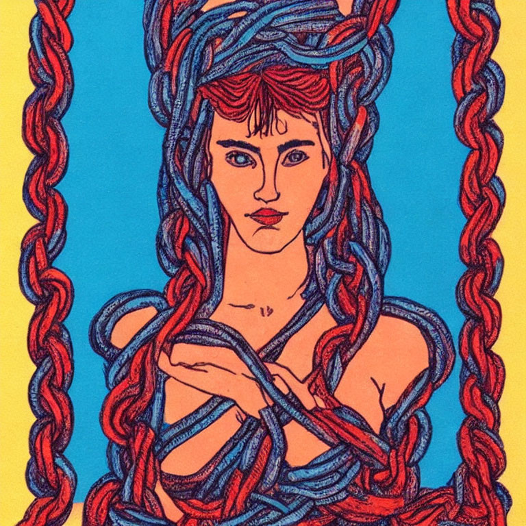 Vibrant illustration: Woman with red and blue hair on yellow backdrop