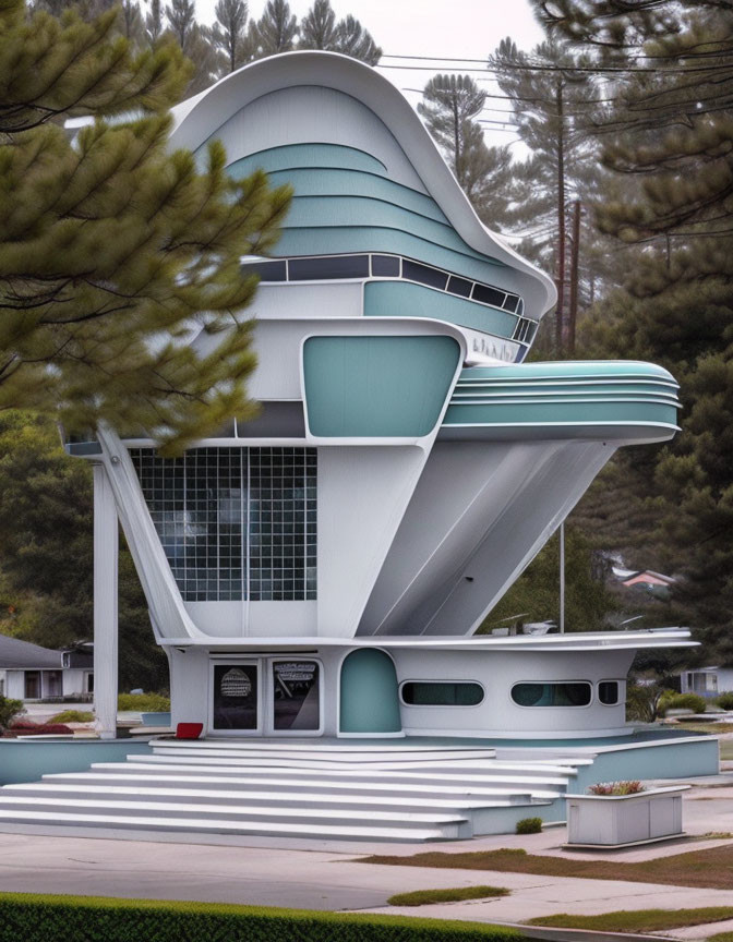 Curved retro-futuristic building with ship-like design and fin roof in natural setting.