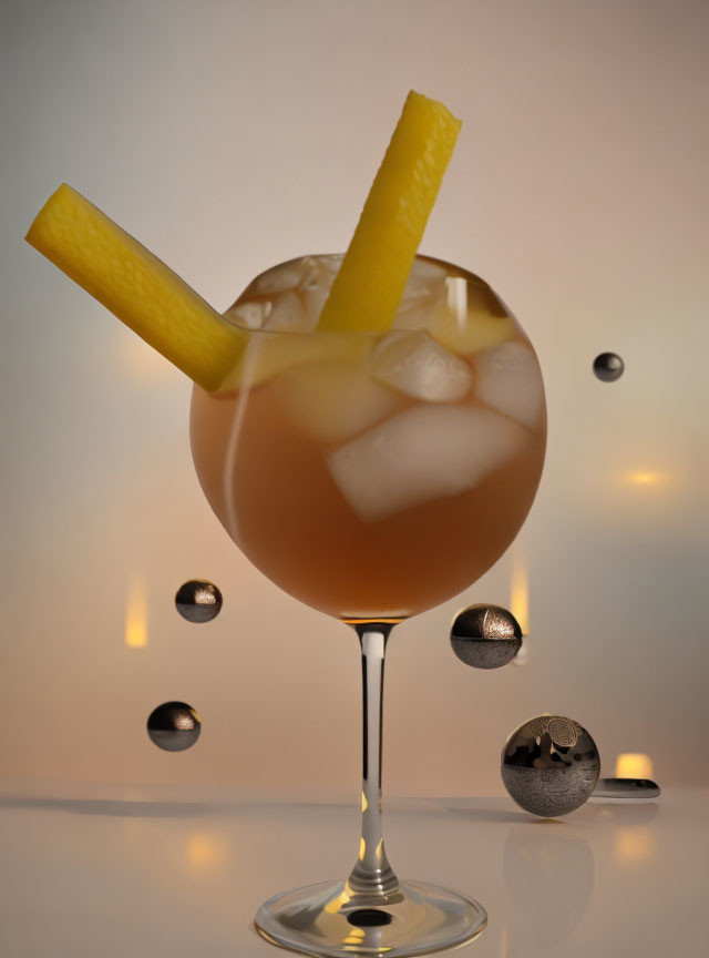 Stemmed glass cocktail with ice, lemon garnish, and metallic spheres on warm gradient background