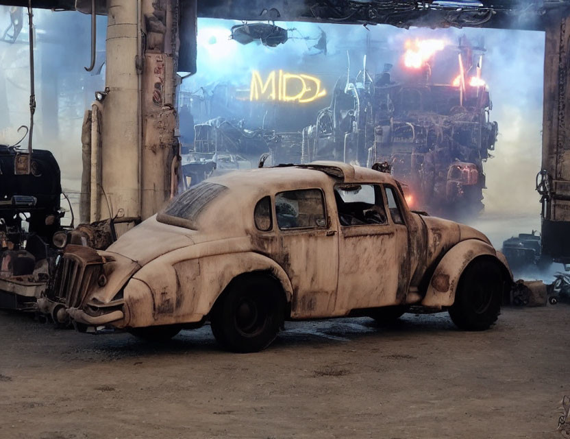 Vintage car in post-apocalyptic scene with industrial structures and glowing "MD" sign