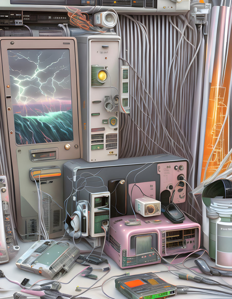 Detailed retro-futuristic illustration of electronic devices with stormy ocean display