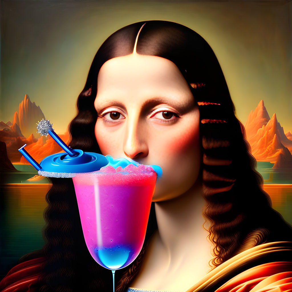 Mona Lisa drinking a slushy