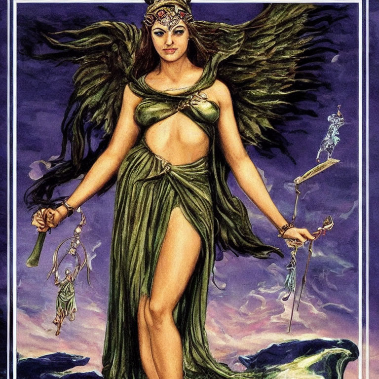 Fantasy female figure with wings, green dress, and golden headdress holding scepter and chains.