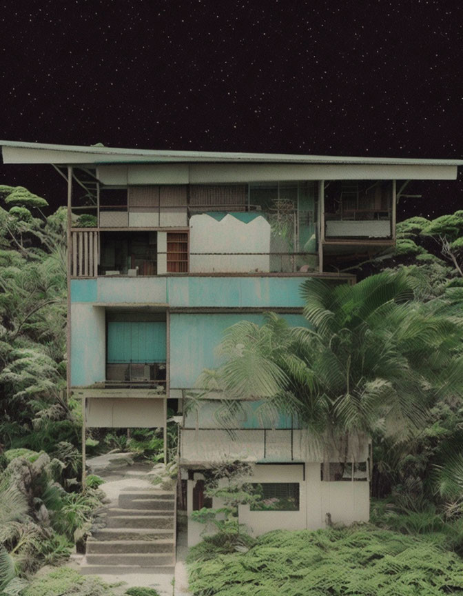 Two-story old building in lush greenery under starry night sky