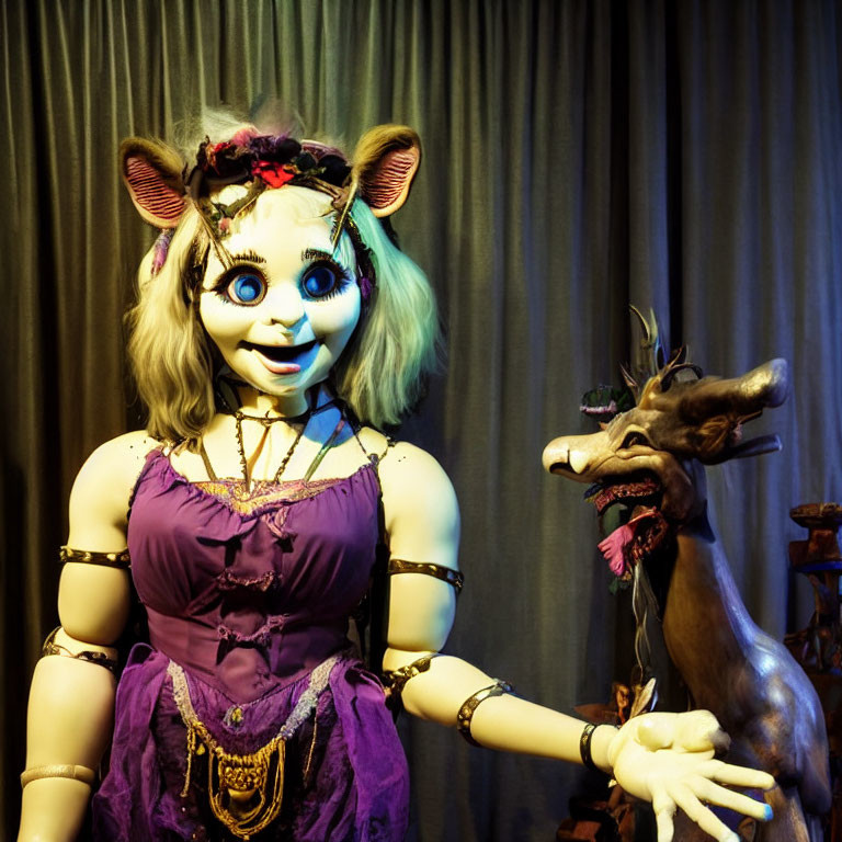 Anthropomorphic mouse and deer characters in purple dress, cartoonish features, staged setting