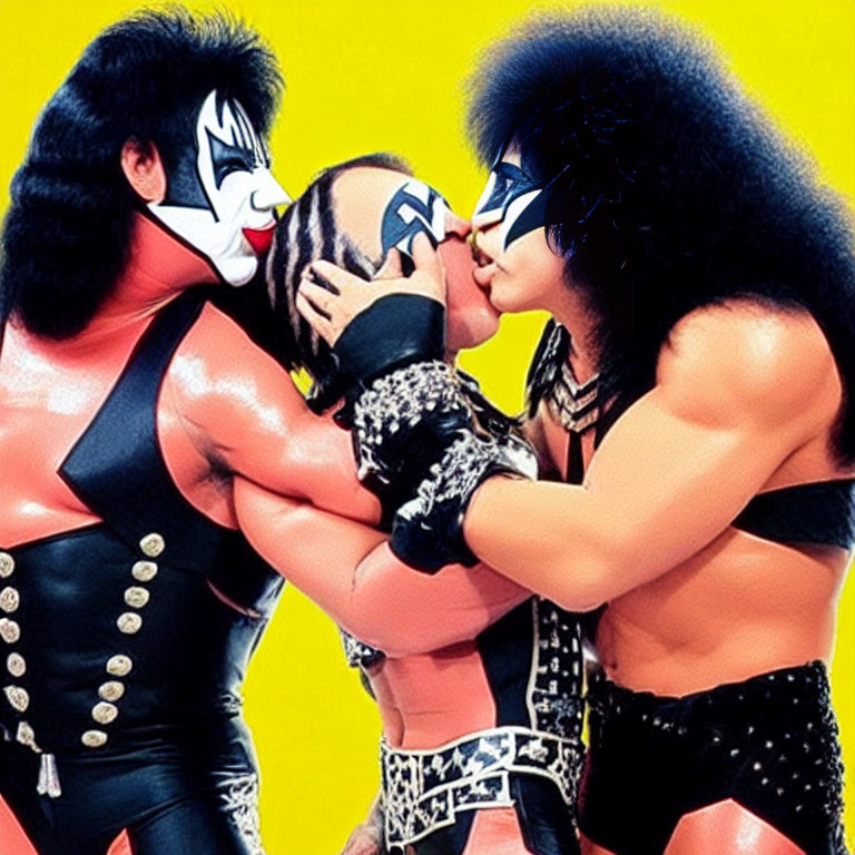 Rock band KISS members in full makeup and costumes kissing on cheek