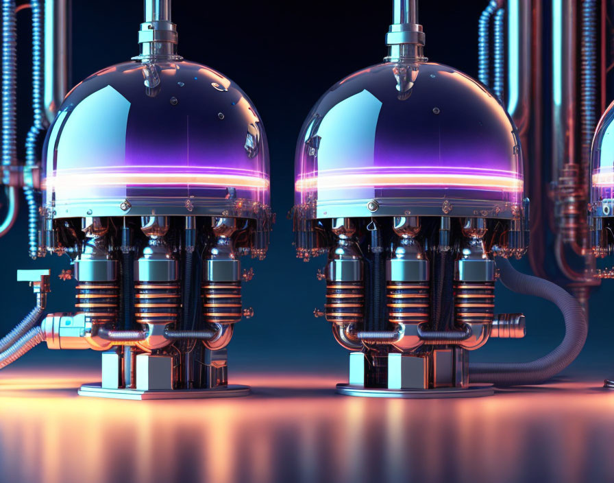 Futuristic machinery with domed tops and glowing purple interiors on reflective surface