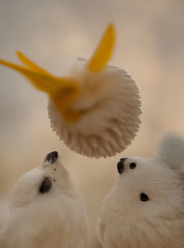 Three White Birds in Flight Against Soft-focus Background