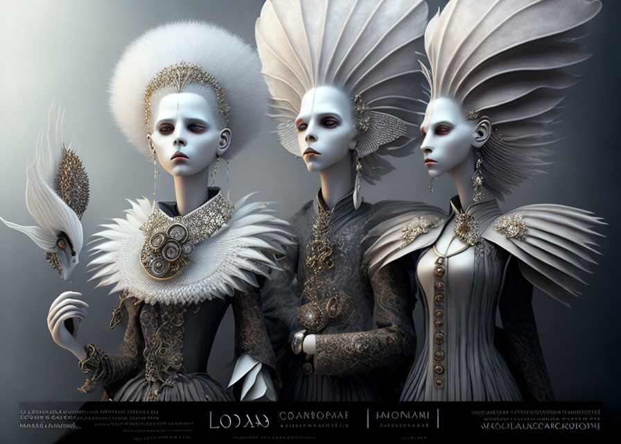 Ornate white headpieces and dark garments in regal setting