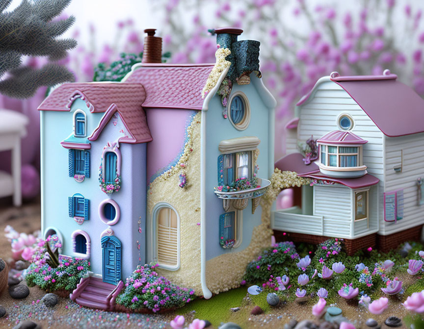 Whimsical Pastel Miniature Houses in Vibrant Flower Garden