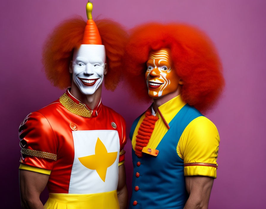 Colorful Clowns in Vibrant Costumes on Purple Background