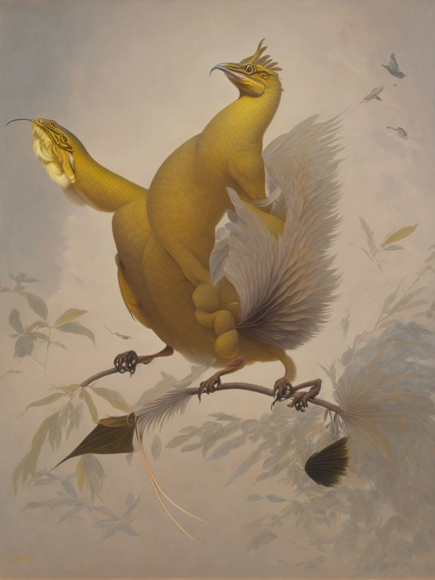 Fantastical bird-like creature with yellow scales and reptilian features in botanical setting