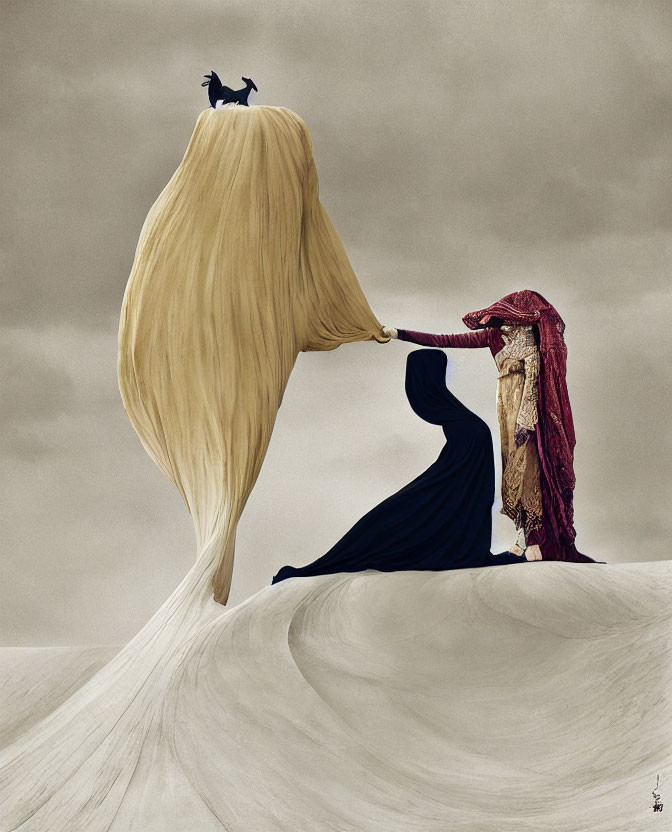 Surreal illustration: Person in red cloak with golden hairpiece, black cat on hill