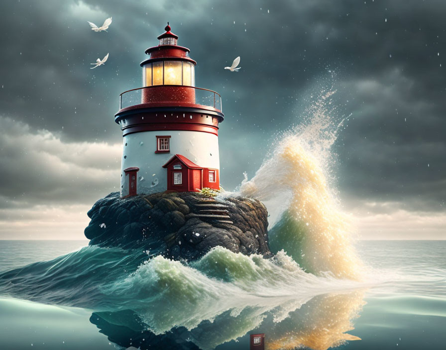 sentient lighthouse being merrily splashing