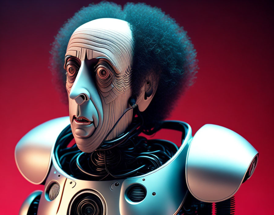 Digital artwork: Humanoid robot with elderly look, mechanical details, high collar, afro hairstyle